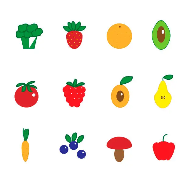 Vector illustration of Set of icons on the theme of healthy food, vector illustration, fruits and vegetables, flat, colored