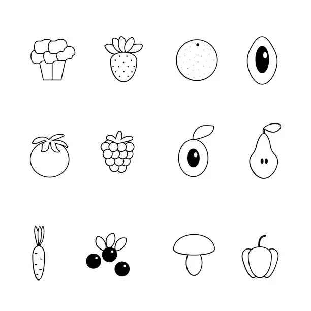 Vector illustration of Set of icons on the theme of healthy food, vector illustration, fruits and vegetables
