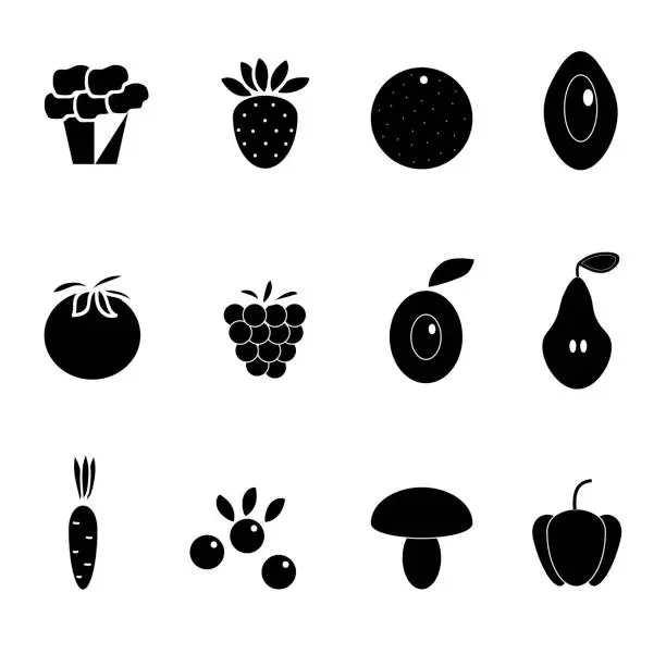 Vector illustration of Set of icons on the theme of healthy food, vector illustration, fruits and vegetables, black and white