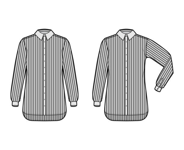istock Set of Shirt cleric stripe technical fashion illustration with elbow fold long sleeves, relax fit, button-down 1287416731