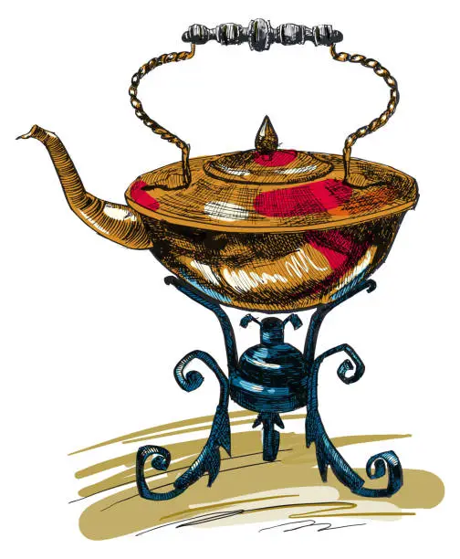 Vector illustration of ink, pen. sketch of a retro teapot (bouillotte) with a burner