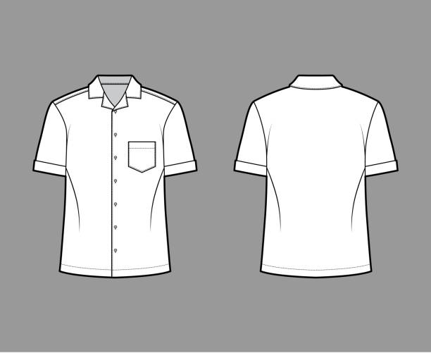 istock Shirt camp technical fashion illustration with short sleeves, angled patch pocket, relax fit, button-down, open collar 1287417879