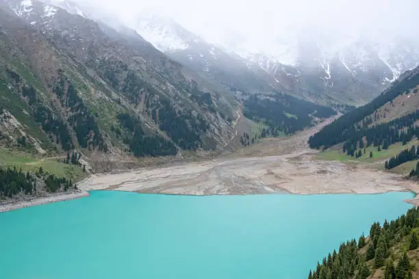 Photo of Beautiful landscape of blue lake in the mountains. Big Almaty Lake in the spring.