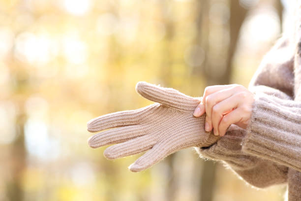 woman hands putting wool gloves in a cold autumn - roupa morna imagens e fotografias de stock