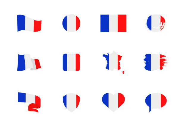 Vector illustration of France flag - flat collection. Flags of different shaped twelve flat icons.