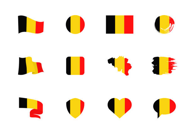 illustrations, cliparts, dessins animés et icônes de drapeau belge - collection plate. drapeaux de différentes formes douze icônes plates. - belgium belgian flag flag shield