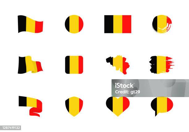 Belgia Flaga Kolekcja Płaska Flagi O Różnym Kształcie Dwanaście Płaskich Ikon - Stockowe grafiki wektorowe i więcej obrazów Belgia