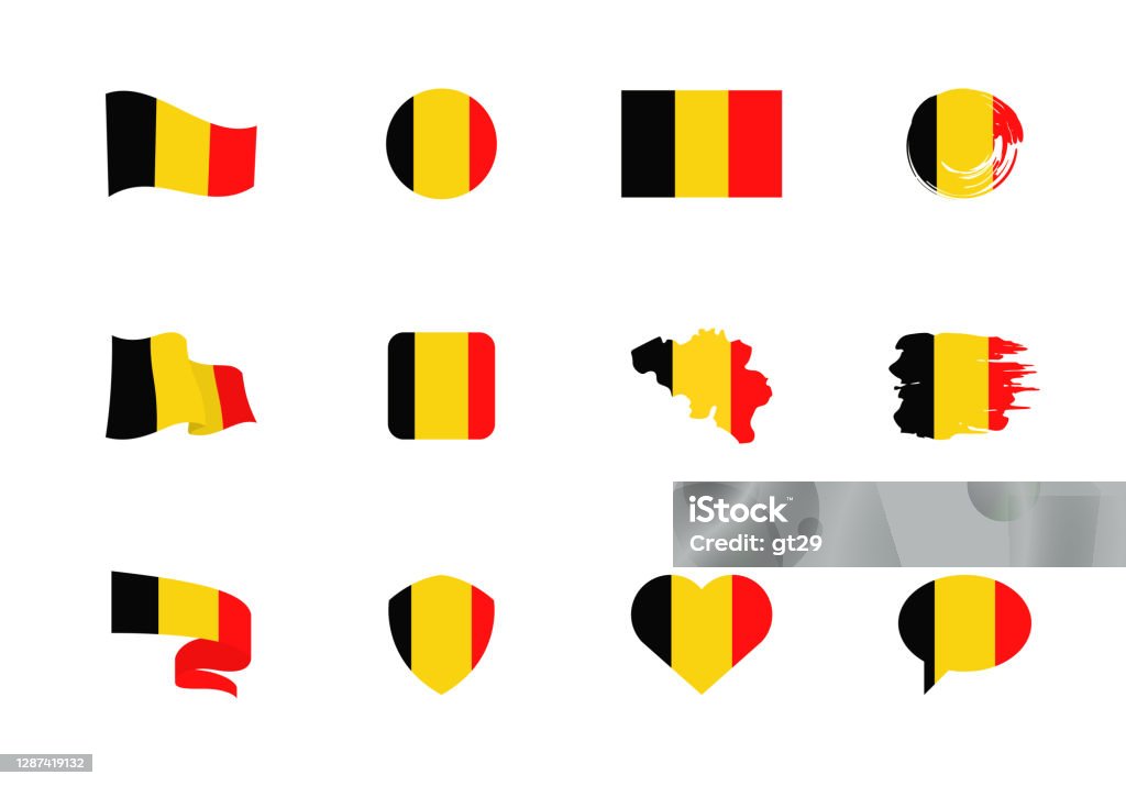 比利時國旗 - 平集。不同形狀十二個平面圖標的標誌。 - 免版稅比利時圖庫向量圖形