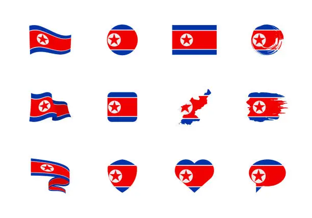 Vector illustration of North Korea flag - flat collection. Flags of different shaped twelve flat icons.