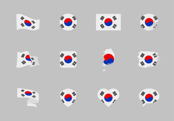 South Korea flag - flat collection. Flags of different shaped twelve flat icons. South Korea flag - flat collection. Flags of different shaped twelve flat icons. Vector illustration set south korea south korean flag korea flag stock illustrations