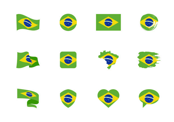 브라질 국기 - 플랫 컬렉션. 다른 모양의 열두 평면 아이콘의 깃발. - 브라질 국기 stock illustrations