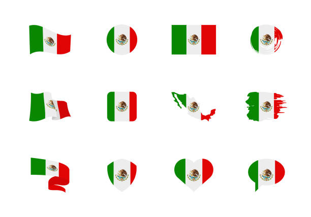 bildbanksillustrationer, clip art samt tecknat material och ikoner med mexiko flagga - platt samling. flaggor av olika formade tolv platta ikoner. - mexicos flagga