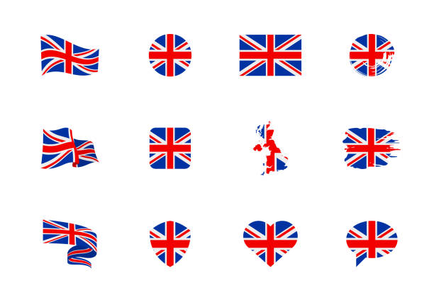illustrations, cliparts, dessins animés et icônes de indicateur du royaume-uni - collection plate. drapeaux de différentes formes douze icônes plates. - british flag vector symbol flag