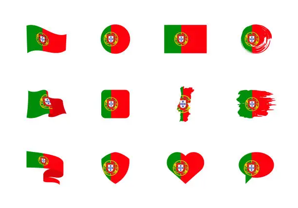 Vector illustration of Portugal flag - flat collection. Flags of different shaped twelve flat icons.