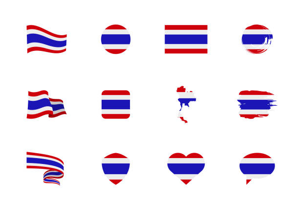 Thailand flag - flat collection. Flags of different shaped twelve flat icons. Thailand flag - flat collection. Flags of different shaped twelve flat icons. Vector illustration set thailand flag round stock illustrations