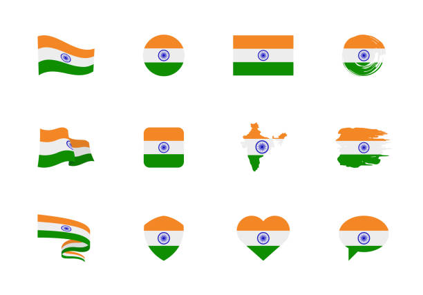 illustrazioni stock, clip art, cartoni animati e icone di tendenza di bandiera dell'india - collezione piatta. bandiere di diverse forme dodici icone piatte. - indian flag