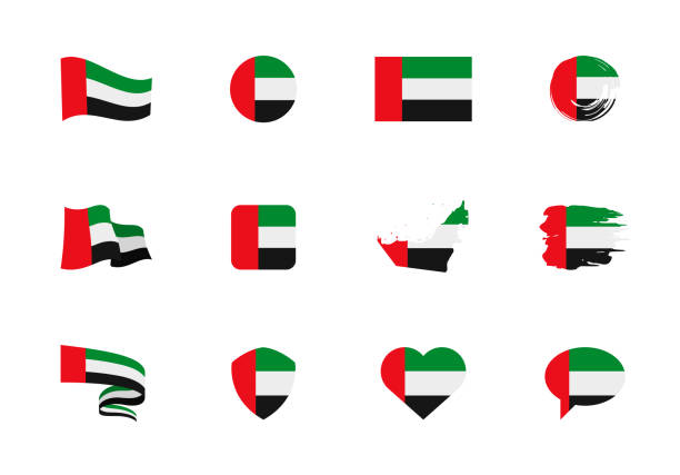 ilustraciones, imágenes clip art, dibujos animados e iconos de stock de bandera de los emiratos arabes unidos - colección plana. banderas de diferentes formas doce iconos planos. - united arab emirates flag united arab emirates flag interface icons