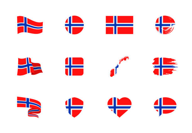 Norway flag - flat collection. Flags of different shaped twelve flat icons. Norway flag - flat collection. Flags of different shaped twelve flat icons. Vector illustration set norwegian flag stock illustrations