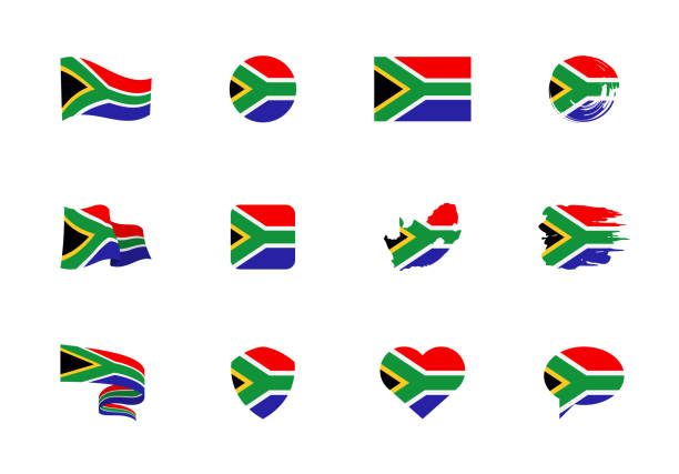 남아프리카 공화국 국기 - 플랫 컬렉션. 다른 모양의 열두 평면 아이콘의 깃발. - natal stock illustrations