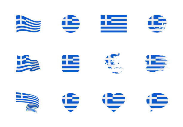 griechenland flagge - flache sammlung. flaggen von unterschiedlich geformten zwölf flachen ikonen. - flag national flag greek flag greece stock-grafiken, -clipart, -cartoons und -symbole