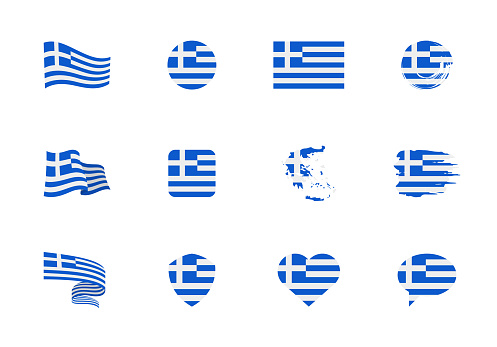 Greece flag - flat collection. Flags of different shaped twelve flat icons. Vector illustration set