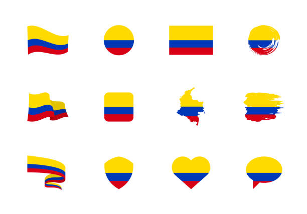ilustraciones, imágenes clip art, dibujos animados e iconos de stock de bandera de colombia - colección plana. banderas de diferentes formas doce iconos planos. - murcia