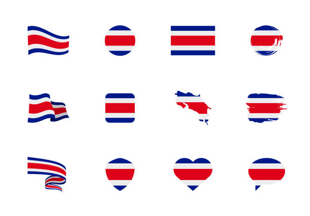 costa rica flagge - flache sammlung. flaggen von unterschiedlich geformten zwölf flachen ikonen. - national arms stock-grafiken, -clipart, -cartoons und -symbole