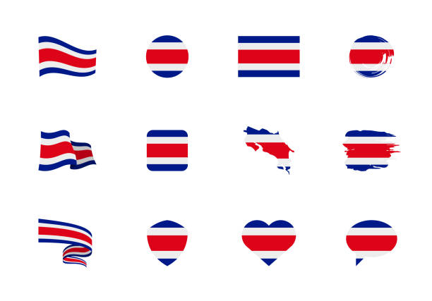 illustrations, cliparts, dessins animés et icônes de drapeau du costa rica - collection plate. drapeaux de différentes formes douze icônes plates. - national arms