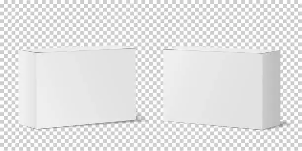 Vector illustration of A set of white wide boxes Mock-ups for the design of packaging for medicines, cosmetics, stationery, etc. on a transparent background.