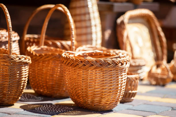 Photo of Many wicker baskets are sold. Products made of birch bark.