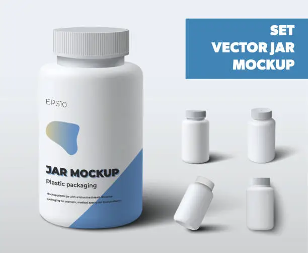 Vector illustration of Mockup vector plastic jars with screw cap, white pill bottles, vitamin, for design presentation.