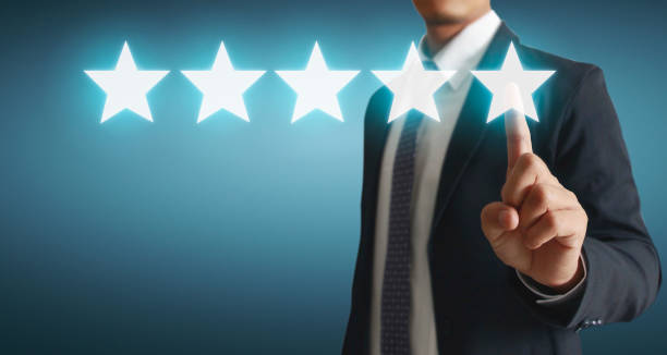istock Hand of touching rise on increasing five stars. Increase rating evaluation 1287424240