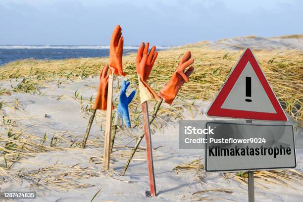 Sign Climate Catastrophe German Klimakatastrophe Stock Photo - Download Image Now - Fridays for Future, Accidents and Disasters, Beach