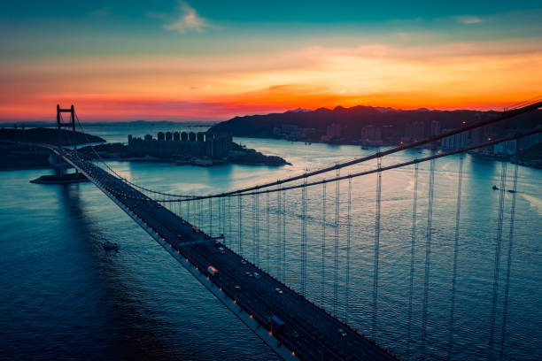 Tsing Ma bridge in Hong Kong under sunset
