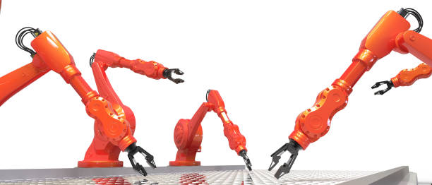 istock Industrial Red robotic arms with empty conveyor Engineer check and control Concept and isolated on white background  - 3d rendering 1287427509