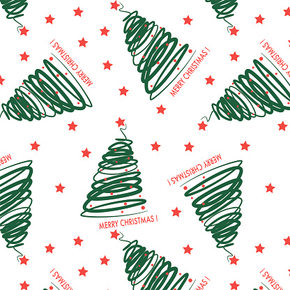 Pattern from Isolated vector image for Christmas. Linear image of festive green Christmas trees with red balls and stars. Merry Christmas!
