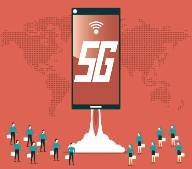 Vector illustration of 5G - smartphone flying