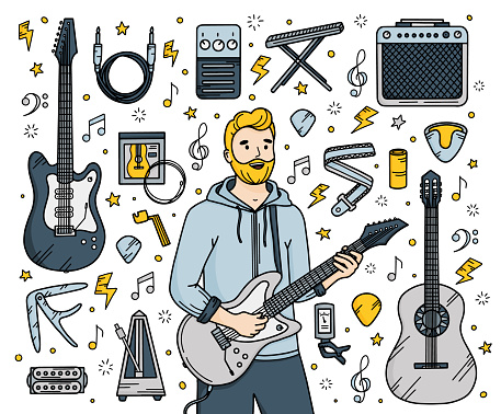 Guitar set in Doodle style. Classical and electro musical instruments with a man guitarist, hand drawn vector illustration