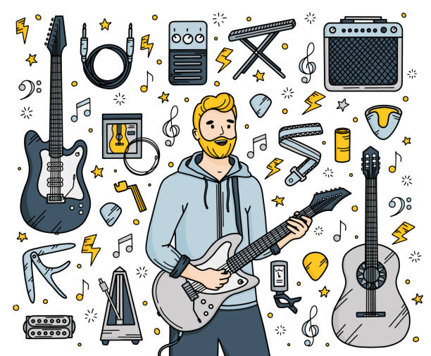 Guitar musical instruments set in Doodle style Guitar set in Doodle style. Classical and electro musical instruments with a man guitarist, hand drawn vector illustration guitar drawings stock illustrations