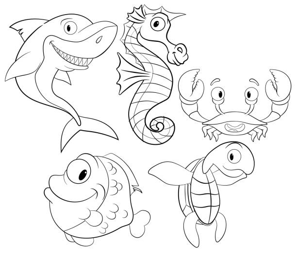 Coloring Book With Sea Animals Vector Set With Cute Sea Creatures Stock  Illustration - Download Image Now - iStock