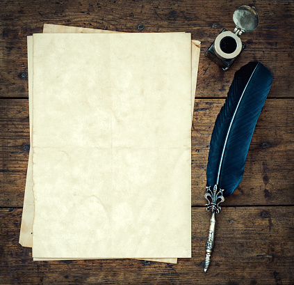 Old Quill Pen And Old Paper Blank Sheet And Vintage Inkwell On ...
