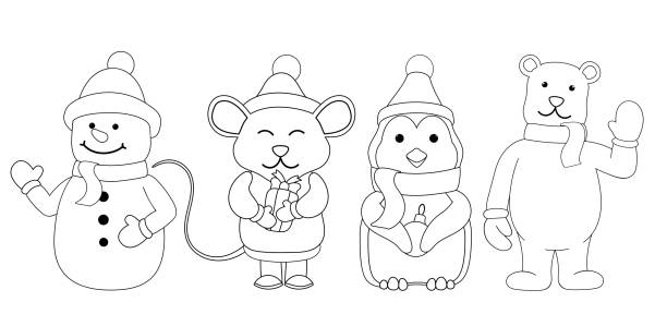 ilustraciones, imágenes clip art, dibujos animados e iconos de stock de ratón de oso polar para colorear de navidad con un paddock y un pinguino. aislado en vector de fondo blanco - paddock