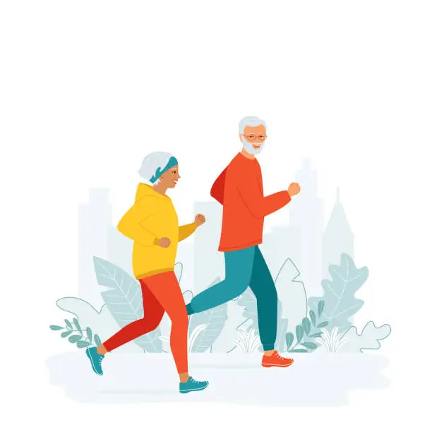 Vector illustration of Senior man and woman in sporty clothes runs. Mature family active healthy lifestyle concept, leisure activity on retirement, city marathon, competition. Morning, evening jogging. Vector illustration