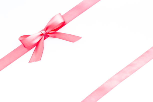 istock Pink ribbon with bow isolated on white for gift box. Top view, copy space 1287430768