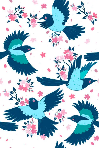 Vector illustration of Seamless pattern of magpies and sakura. Spring mood. Vector graphics.