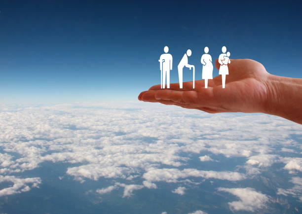 Weak social categories welfare concept with hand on aerial sky view background stock photo