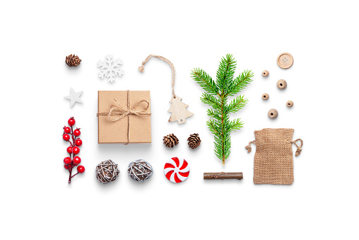 Christmas gift and decorations isolated with shadows. Concept of preparing gifts and decorations for the Christmas and New Year