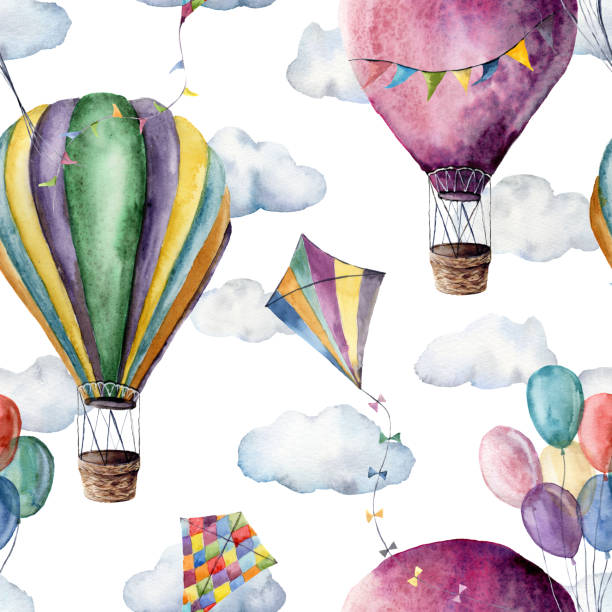istock Watercolor seamless pattern with hot air balloons, flag garlands and kites. Hand painted sky illustration with aerostate and clouds isolated on white background. For design, fabric or background. 1287436731