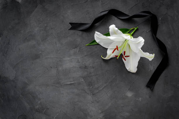 istock Funeral concept with lily and black ribbon, space for text 1287438792