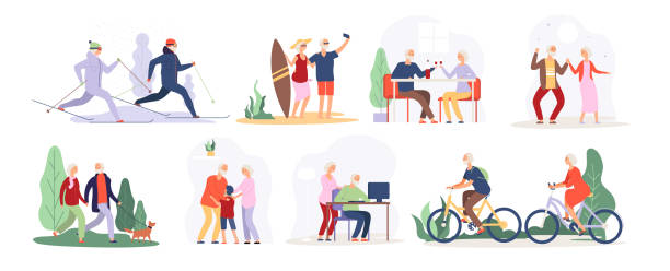 ilustrações, clipart, desenhos animados e ícones de idosos. avô mais velho avó casal esporte turista vovó idosos andando correndo de bicicleta conjunto vetor dança - senior adult couple mature adult bicycle